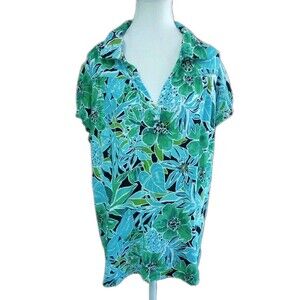 CARIBBEAN JOE Women Top Size 2X Green Floral Resort Wear Beach Boho Vacation